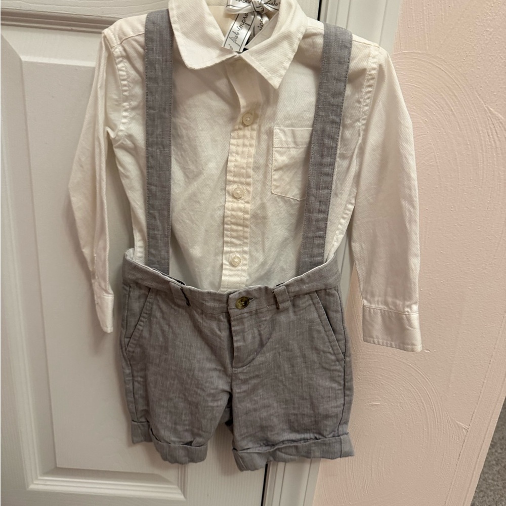Janie and Jack Cream Shirt with Gray Suspenders